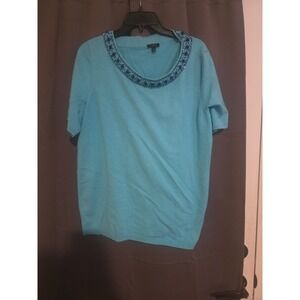 Talbots Blue Knit Top, Women's‎ 1X, Beaded Neck, Short Sleeve, Career Blouse